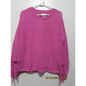 SATURDAY SUNDAY WAFFLE KNIT BRIGHT PINK BLOUSE TOP TIES AT SIDES SIZE M COTTON